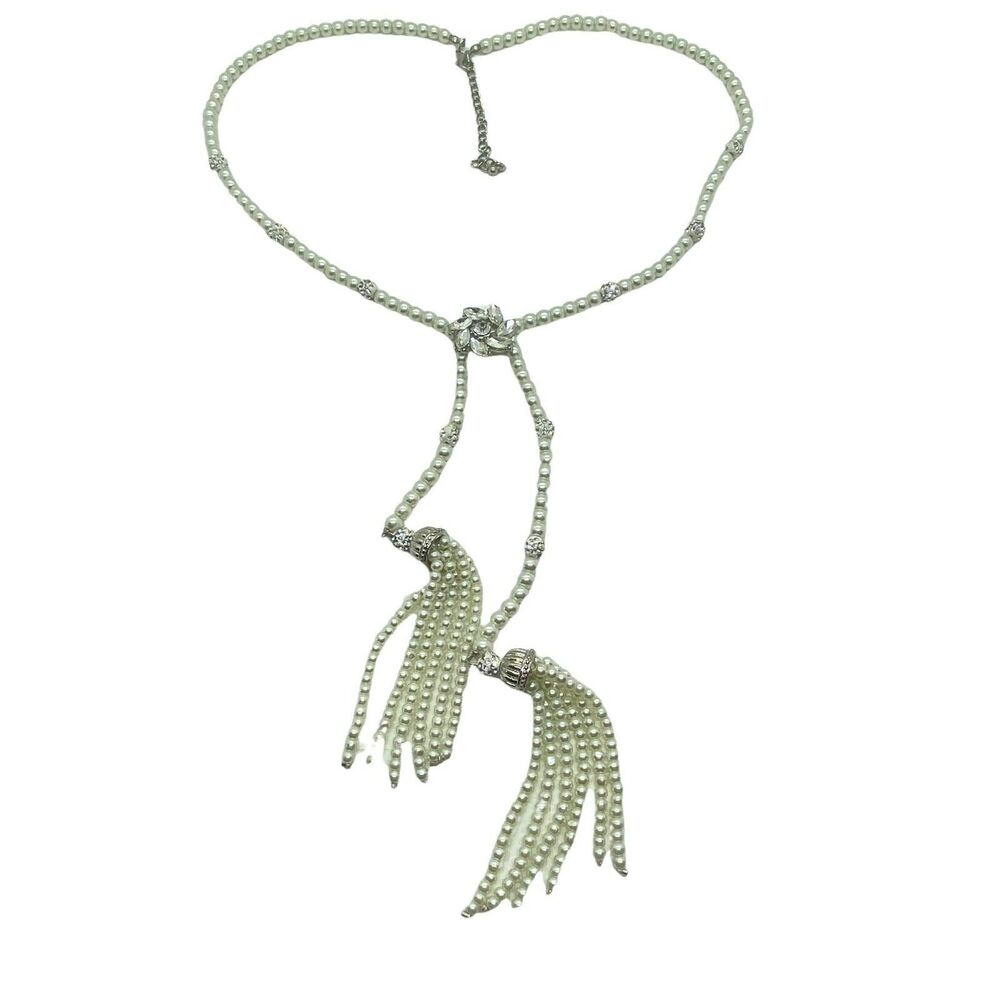 Faux Pearl Tasseled Crystal Beaded Necklace Womens White Silver Tone Rhinestone